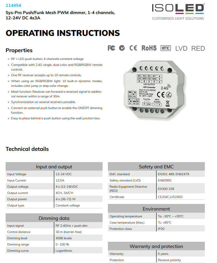 Sys-Pro push/RF Mesh PWM dimmer, 1-4 channel, 12-24V DC 4x3A - Image 5