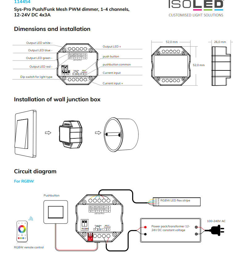 Sys-Pro push/RF Mesh PWM dimmer, 1-4 channel, 12-24V DC 4x3A - Image 4