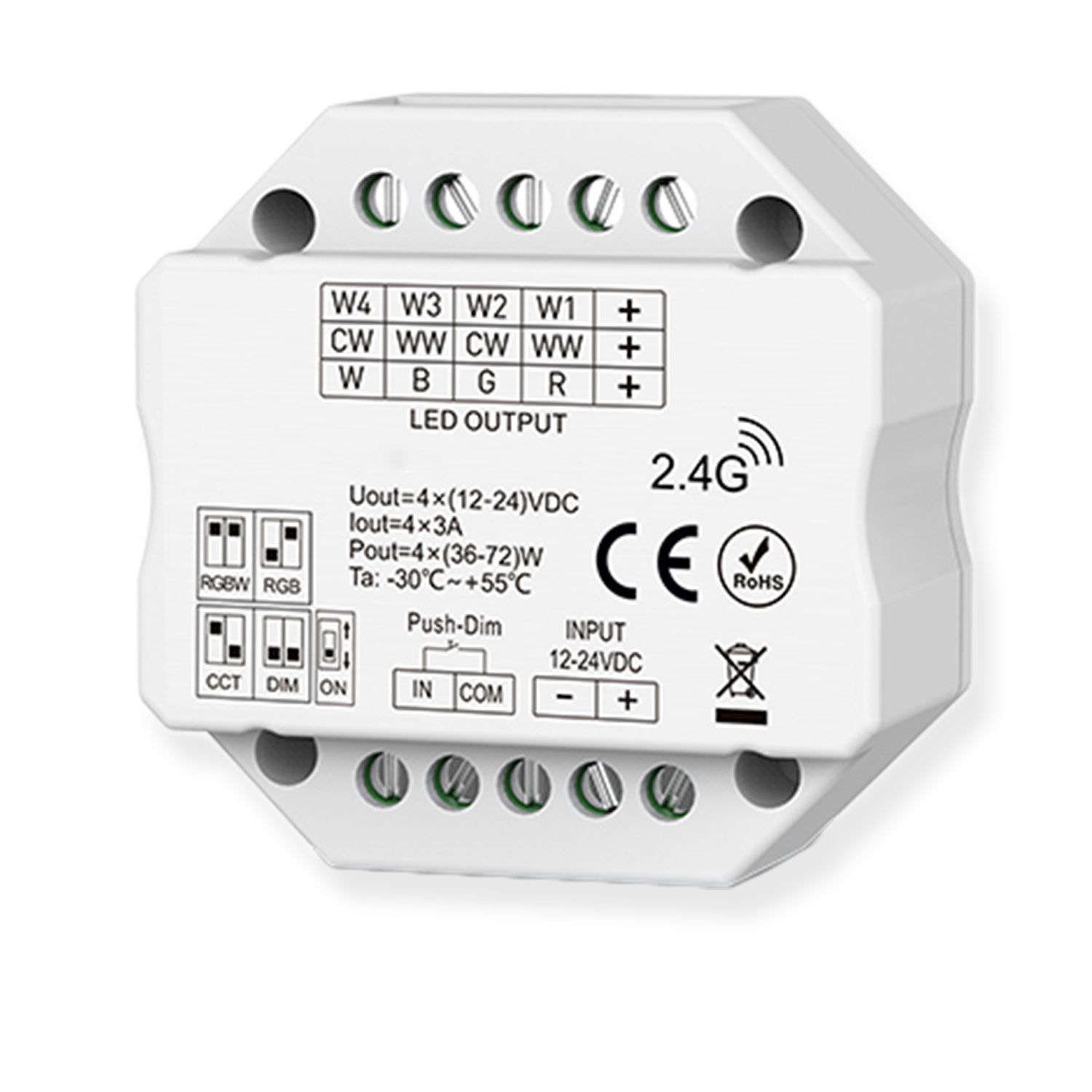 Sys-Pro push/RF Mesh PWM dimmer, 1-4 channel, 12-24V DC 4x3A
