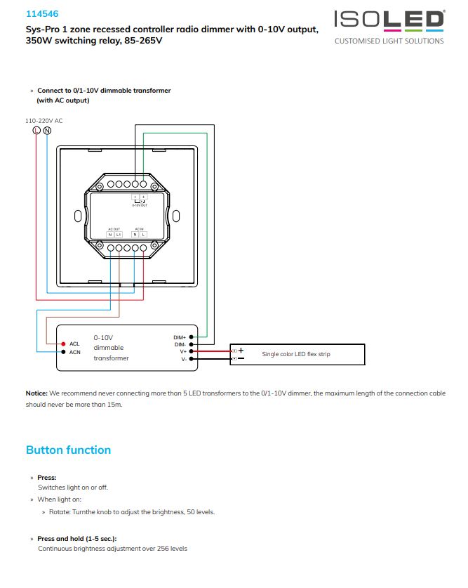 Sys-Pro 1 zone built-in rotary knob radio dimmer with 0/1-10V output, 350W switching relay, 85-265V - Image 4