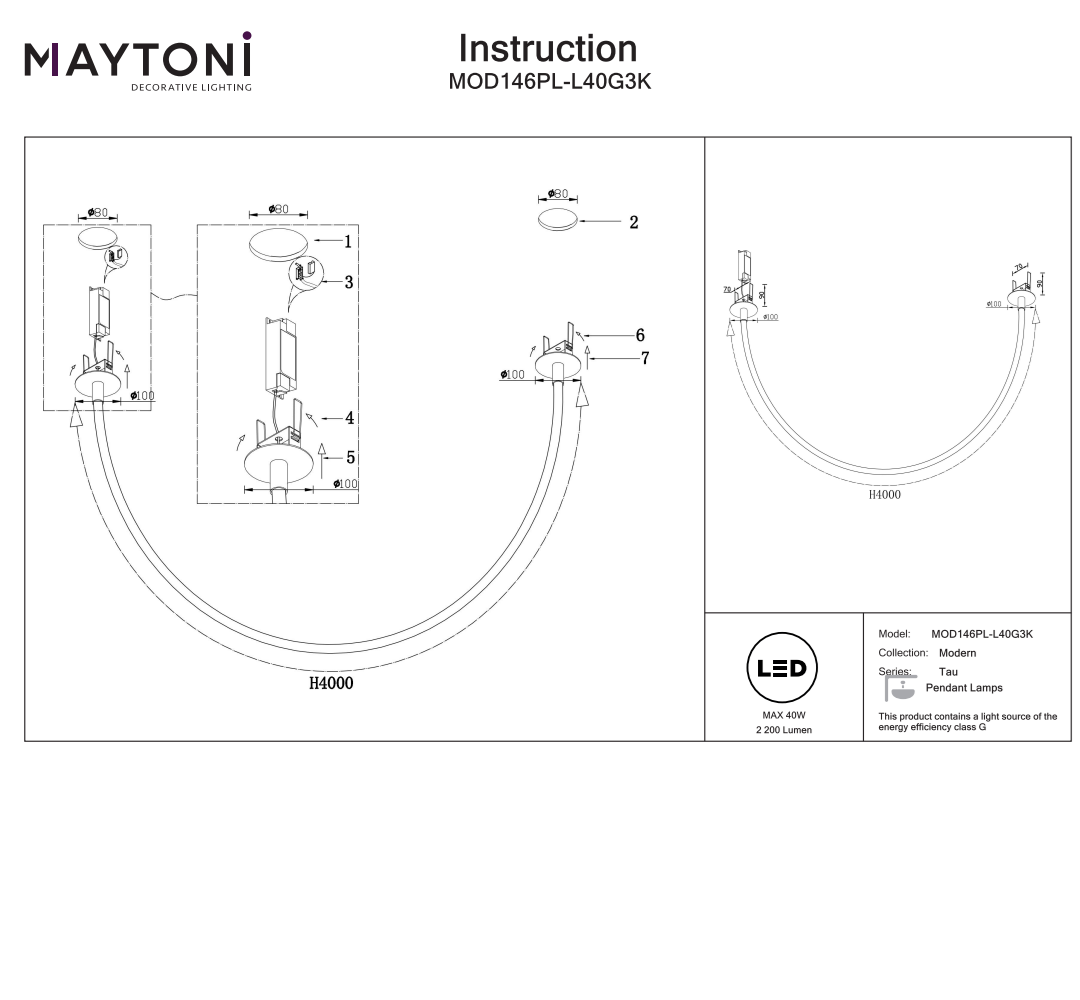 Pendant lamp Tau 3000K 4m 40W 2200lm gold - Image 4