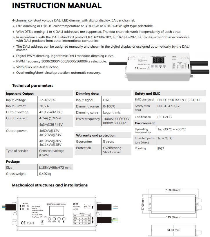 DALI-2 DT6 4 address/DT8 4-ch 1 address Multi-PWM dimmer, IP67, 12-24V 4x5A, 36-48V 4x3A - Image 4